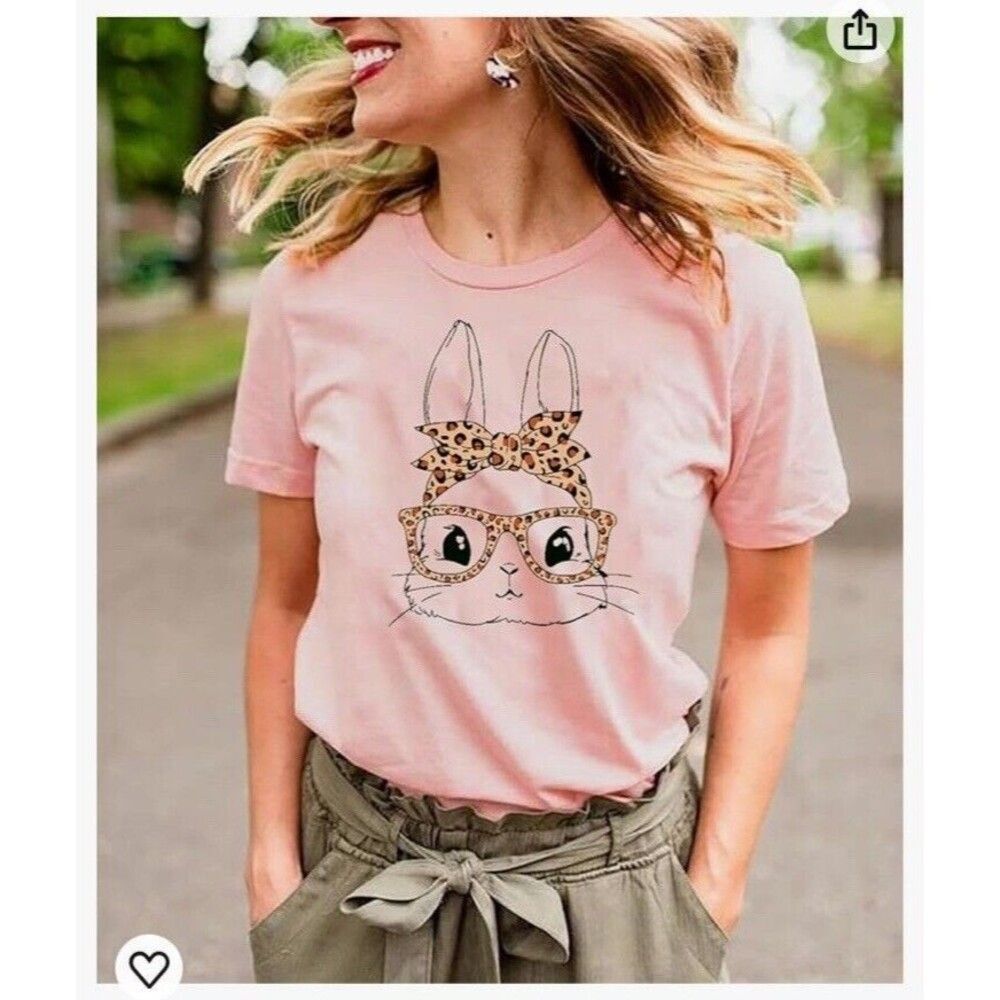 T-Shirt Women's Size M Pink Leopard Glasses Bunny Graphic Tee Top Basic